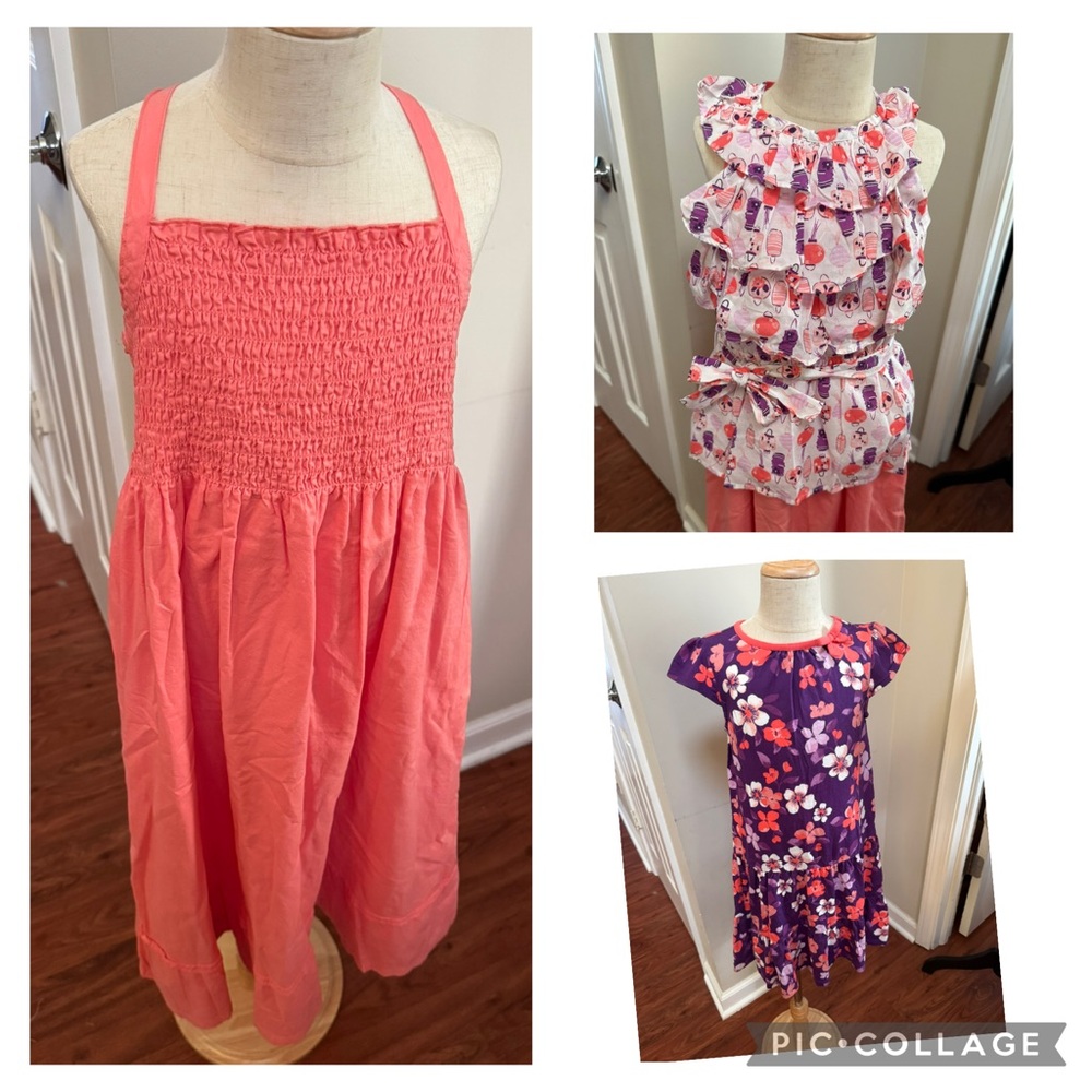 Girls Bundle: Coral & Floral Kids Cotton Dresses & Ruffle Top Set Colorful 8-10